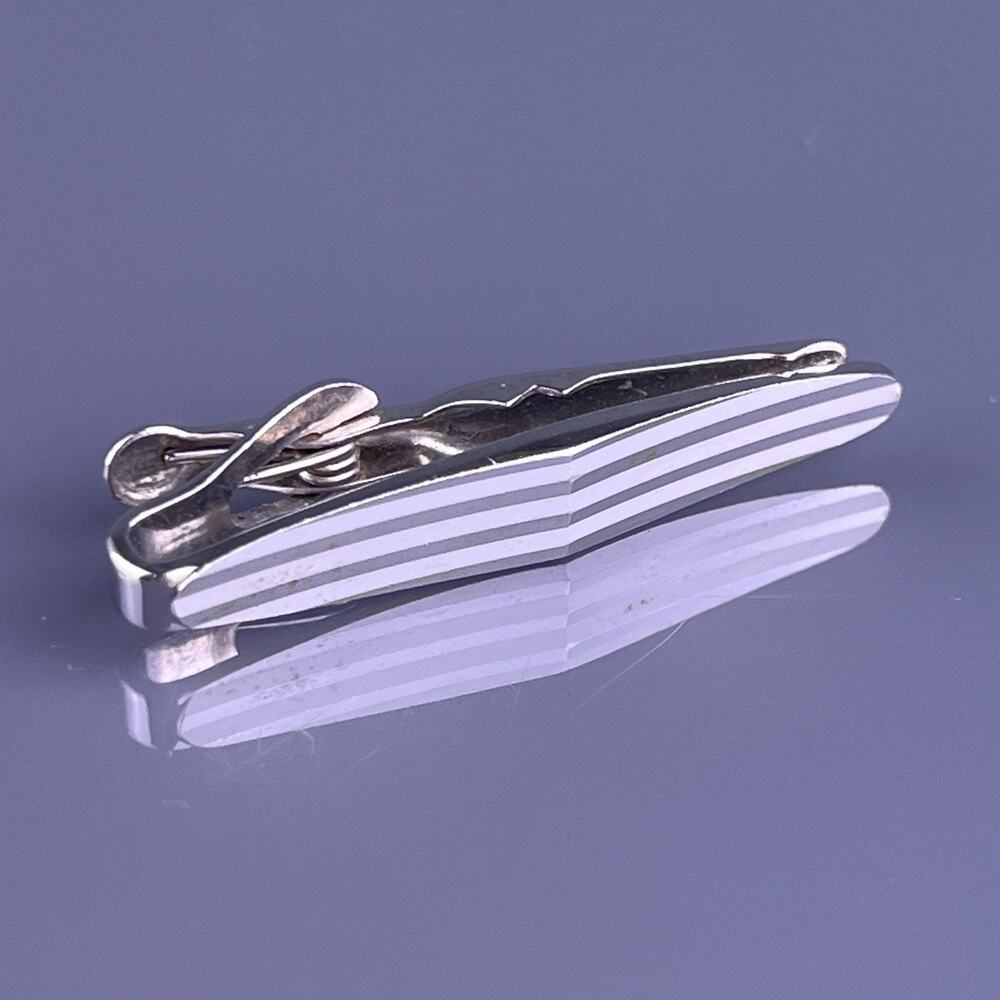 Skinny Stripes Lines Tie Clip Bar Silver Tone Simple Oval Swank Vintage